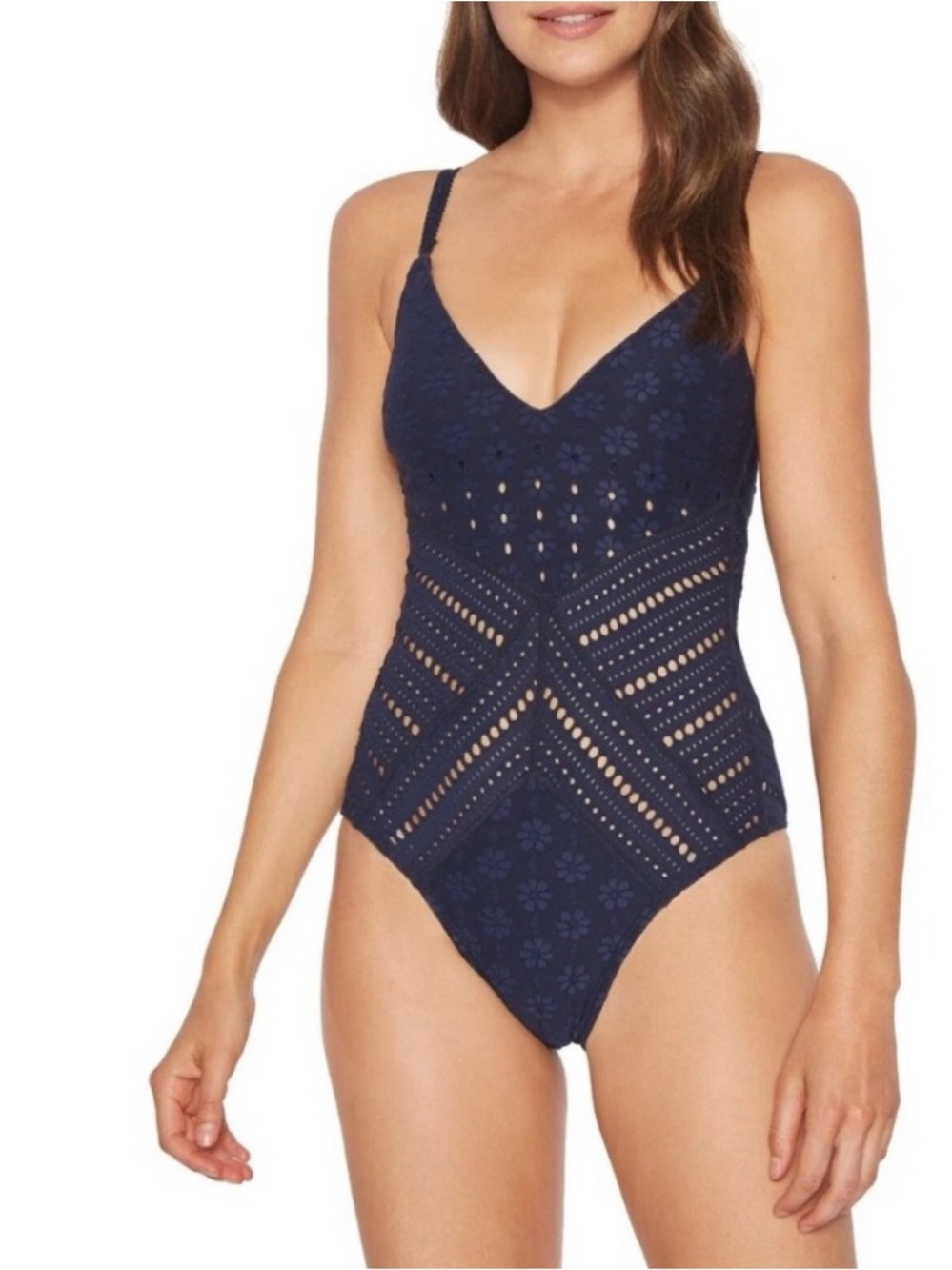 Robin Piccone Clarissa V Neck Crochet One Piece Bathing Swim Suit 8 Navy Blue
